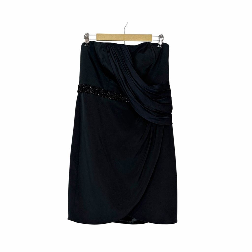 Theia Mini Dress Silk Formal Sz 14 Black Strapless Beaded Embellished Wrap